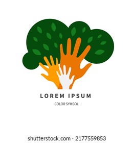 Tree logo with hands. Support, help concept, community icon. Vector illustration