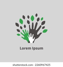 Tree logo with hands. Support, help concept, community icon. Vector illustration