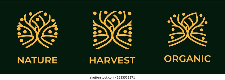 Tree logo. Icon nature, oak and olive. Circle symbol, design abstract line, branch leaves gold label, emblem vine, organic products logotype, grow botanic. 