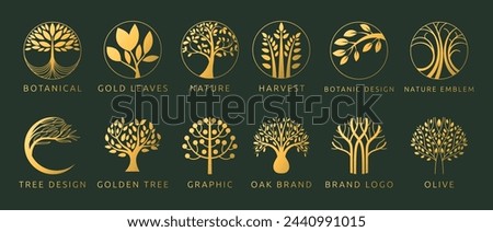 Tree logo. Icon nature, oak and olive. Circle symbol, design abstract line, branch leaves gold label, emblem vine, organic products logotype, grow botanic. Vector modern garish isolated illustration