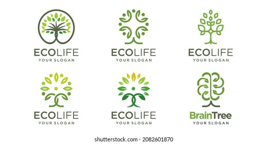 conjunto de iconos del logotipo de árbol. plantilla de diseño de logotipos de conceptos de personas combinadas de árbol abstracto.