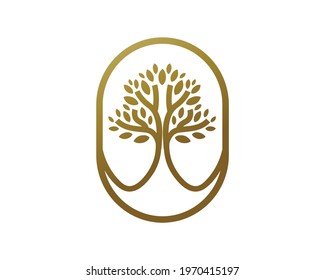 Tree logo icon template design. Round garden plant natural line symbol. Gold branch with leaves business sign. Vector illustration. Emblem logo.