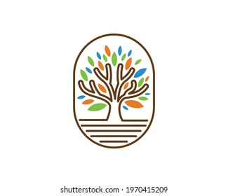 Tree logo icon template design. Round garden plant natural line symbol. Green branch with leaves business sign. Vector illustration. Emblem logo.