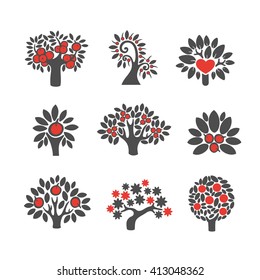 Tree logo illustration icon set. Red tree icons. Apple tree logo set. Cherry tree logo. Magic tree logo set