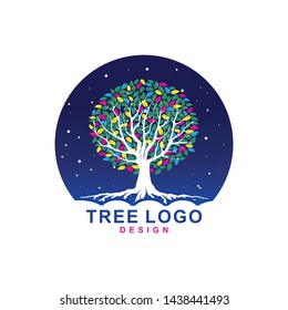 Tree logo illustration vector, with round shape. Tree logo template with the starry sky at night as a background, with a circular shape