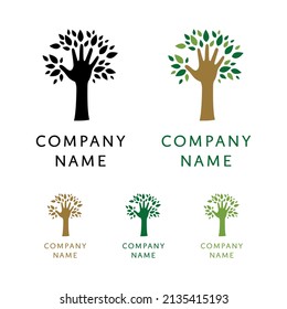 Ilustración del logotipo del árbol. Silueta vectorial de una plantilla de árbol de logo y mano de árbol, diseño de árbol de vida