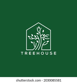 Tree Logo Inside Green House Negative Space Logo Vector Icon.