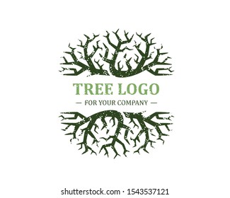 Tree logo isolated on a white background. Classic design. Green and brown colors. Lettering. Space for text. Leaves and roots. Simple modern concept. Circle form. Flat style vector illustration.