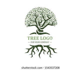 Tree logo isolated on a white background. Classic design. Green and brown colors. Lettering. Space for text. Leaves and roots. Simple modern concept. Circle form. Flat style vector illustration.