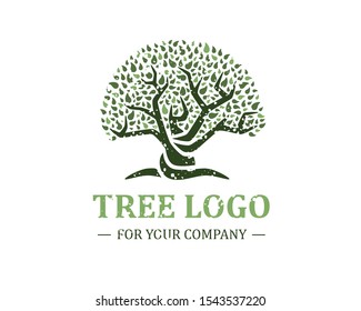 Tree logo isolated on a white background. Classic design. Green and brown colors. Lettering. Space for text. Leaves and roots. Simple modern concept. Circle form. Flat style vector illustration.