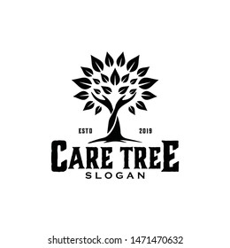 Tree logo with leaf and hand care for agriculture health medical pharmacy plant supplier