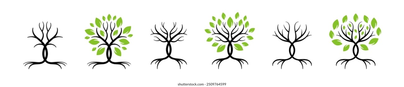 Tree logo. Tree with leaves vector illustration. Tree and roots vector icons. Tree with root.