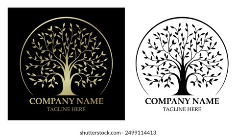 Tree logo. Tree of life symbol. Exquisite emblem gold and black silhouette. Sign of growth and prosperity. Concept environmental conservation, nature protection, ecology. Isolation. Vector