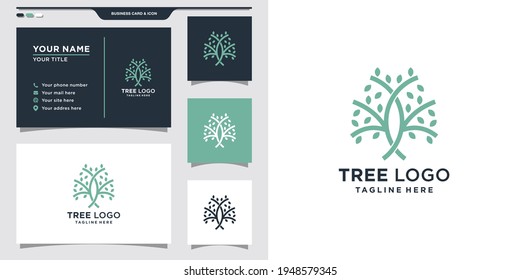 Tree logo with line art style and business card design. Logo template. Premium Vector