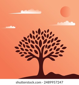 tree logo mark design with orange background. Organic nature icon. Natural plant emblem. Tree of life symbol. Vector illustration.