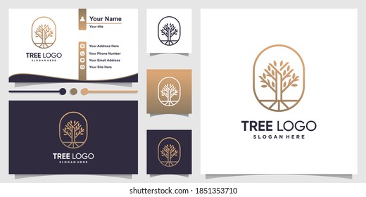 Tree Logo With Modern Line Art Style And Business Card Design Template Premium Vector