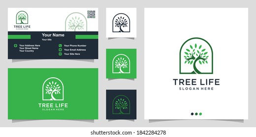 Tree logo with modern unique concept and business card design Premium Vector