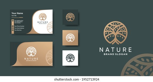 Tree logo with modern unique concept and business card design Premium Vector