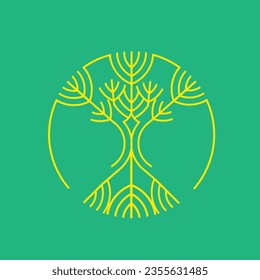 Tree logo. Nature element isolated on green fund. Decorative lines organic icon for beauty, spa, eco, natural food, environmental brand. Plant sign. Fresh geometric shape. Circular emblem.