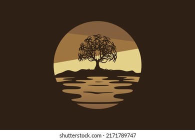 Tree logo night landscape design. Silhouette of tree blends with night landscape vector illustration.