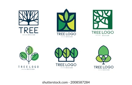 Tree Logo Original Design Set, Abstract Labels for Brand Identity Flat Vector Illustration