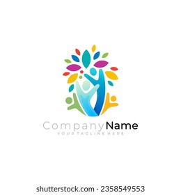 Tree logo with people care design template, colorful design