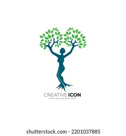 Tree logo and people design nature, girl and tree icon