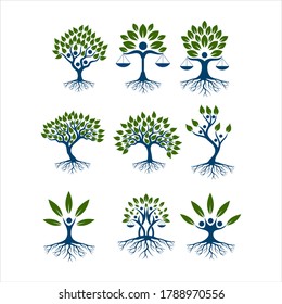 Baumlogo mit People-Design-Set für Vektorlogo-Vorlage, Collezione di albero verde - loghi e icone