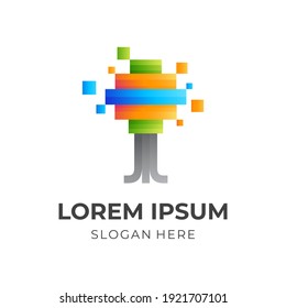 Tree logo and pixel design combination, 3d colorful,