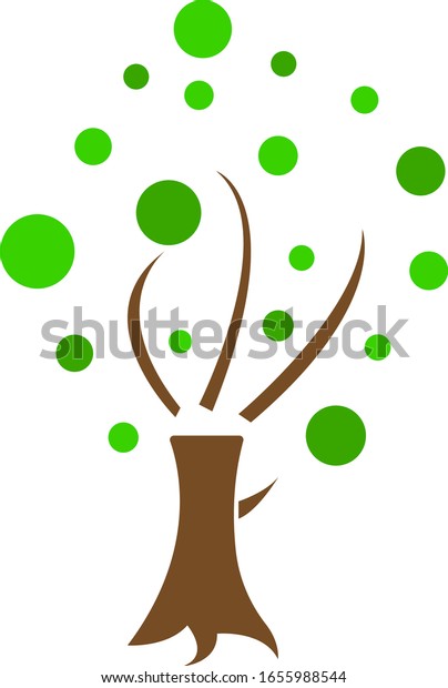 Tree logo with\
round green leaves and divided parts object on a white background\
spring and summer\
concept.