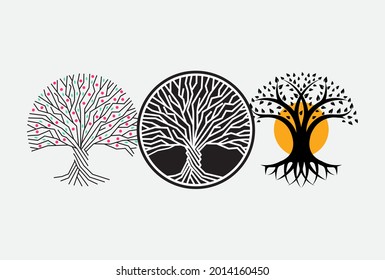 Juego de logotipos de árbol, tronco, raíz, ramas del emblema de árbol. Símbolo de sabiduría para educación gráfica o negocios. Concepto de logotipo circular vectorial. 