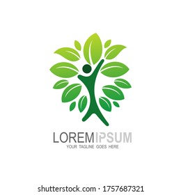 Baum-Logo und soziale Design-Vorlage, Wohltätigkeitslogo, Blatt und Menschen, Grüne Logo-Vorlage