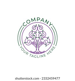 Tree logo with spiral branches made with lines with human backbone symbol, suitable for healthcare industry.