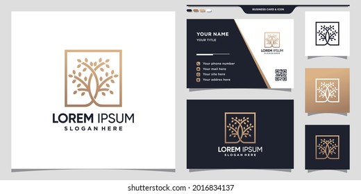 Tree Logo With Square Line Art Style And Business Card Premium Vector