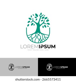 logotipo da árvore com raízes fortes, logotipo da árvore e modelo de design da natureza
