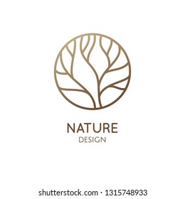 Tree logo template. Abstract outline round icon of trees, garden, wavy lines. Vector emblem for business design, badge for a cosmetology, farming, ecology concept, spa, health and yoga Center.