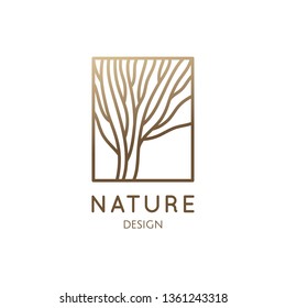 Plantilla de logotipo de árbol. Icono rectangular resumido de árboles, jardín, líneas onduladas. Emblema de marco vectorial para diseño empresarial, placa para cosmetología, agricultura, concepto ecológico, spa, salud, centro de yoga