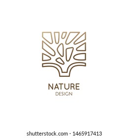 Tree logo template. Abstract outline rectangular icon of tree. Geometric simple shapes. Vector pattern emblem for business, badge for a cosmetology, farming, ecology concept, spa, health, yoga Center