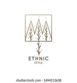 Tree logo template. Abstract outline rectangular icon of forest. Geometric simple shape. Vector pattern emblem for business, badge for a cosmetology, farming, ecology concept, spa, health, yoga Center