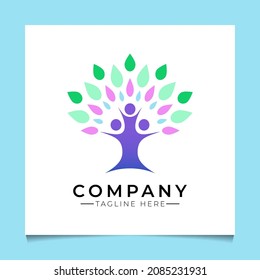 Tree logo template with colorful leaves with three people inside