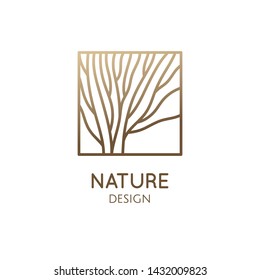 Tree logo template, wooden pattern. Abstract outline square icon of trees, garden, wavy lines. Vector emblem for business design, for a cosmetology, farming, ecology concept, spa, health, yoga Center