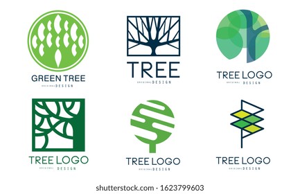 Tree Logo Templates Collection, Abstract Organic Green Badges Vector Illustration