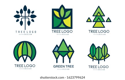 Tree Logo Templates Collection, Green Lined Badges, Abstract Organic Design Element Vector Illustration