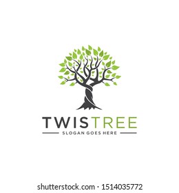 Tree Logo With Twisted Trunk And Green Leaves. Abstract, Balance And Life Design Template. Vector Illustration 