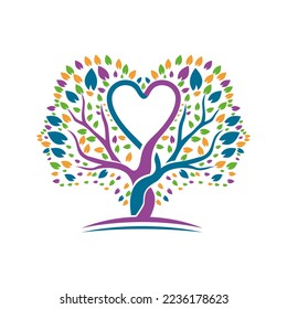 Tree logo vector design with leaves forming a face, and a heart in the center.