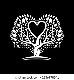 Tree logo vector design with leaves forming a face, and a heart in the center in black and white colors