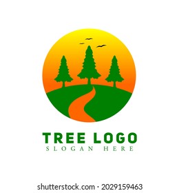 tree logo in vintage style. logo concept of trees and grass fields in the afternoon