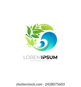 Tree logo and wave design combination, circle icon, nature design