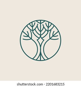 Tree logo.Green nature element isolated on light fund.Decorative lines organic icon for beauty, spa, eco, natural food, environmental brand.Plant sign.Fresh geometric shape.Circular emblem.