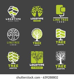 Tree logotype oak treetops vector green forest badge logo branch silhouette collection isolated illustration. 